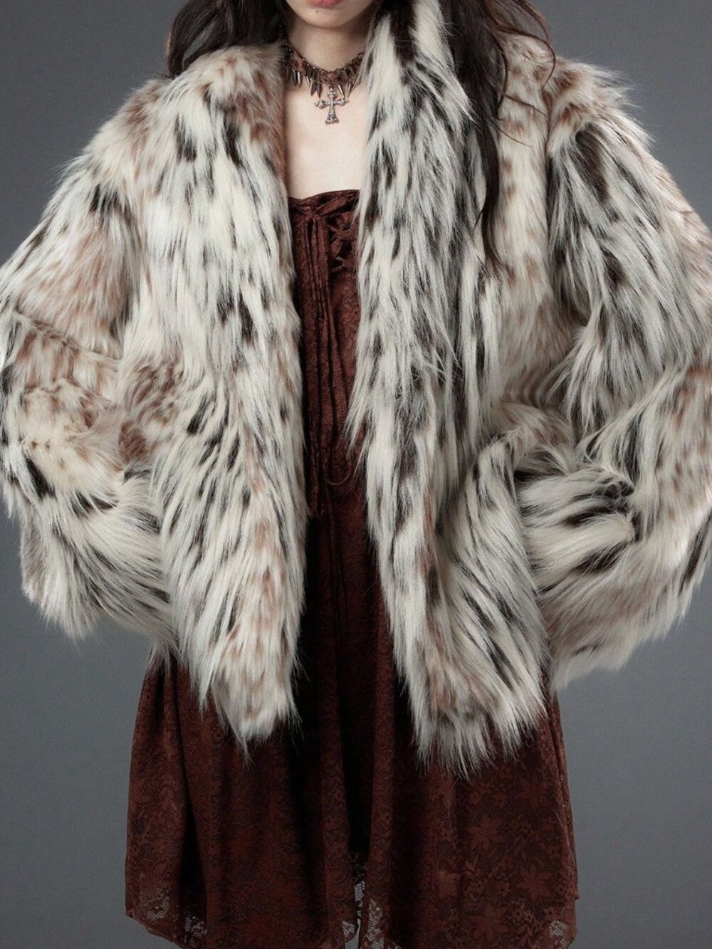 Apricot Casual Streetwear Women's Leopard Print Asymmetrical Faux Fur Loose Coat